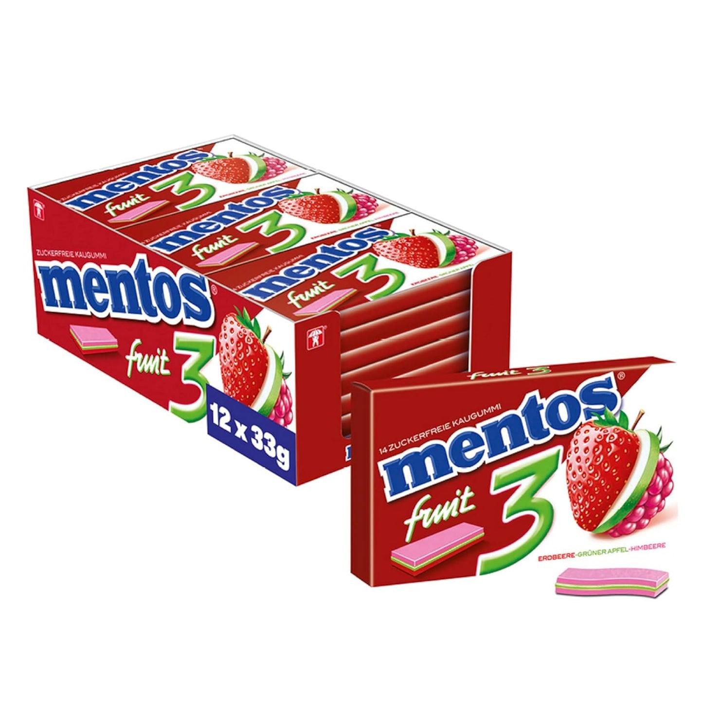 Mentos Kaugummi Fruity Fresh - Erdbeere, Apfel, Himbeere 12x33g