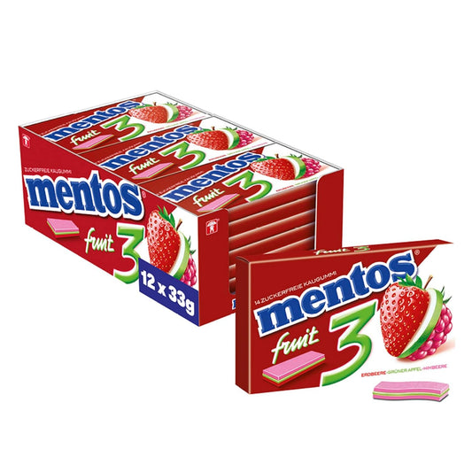 Mentos Kaugummi Fruity Fresh - Erdbeere, Apfel, Himbeere 12x33g